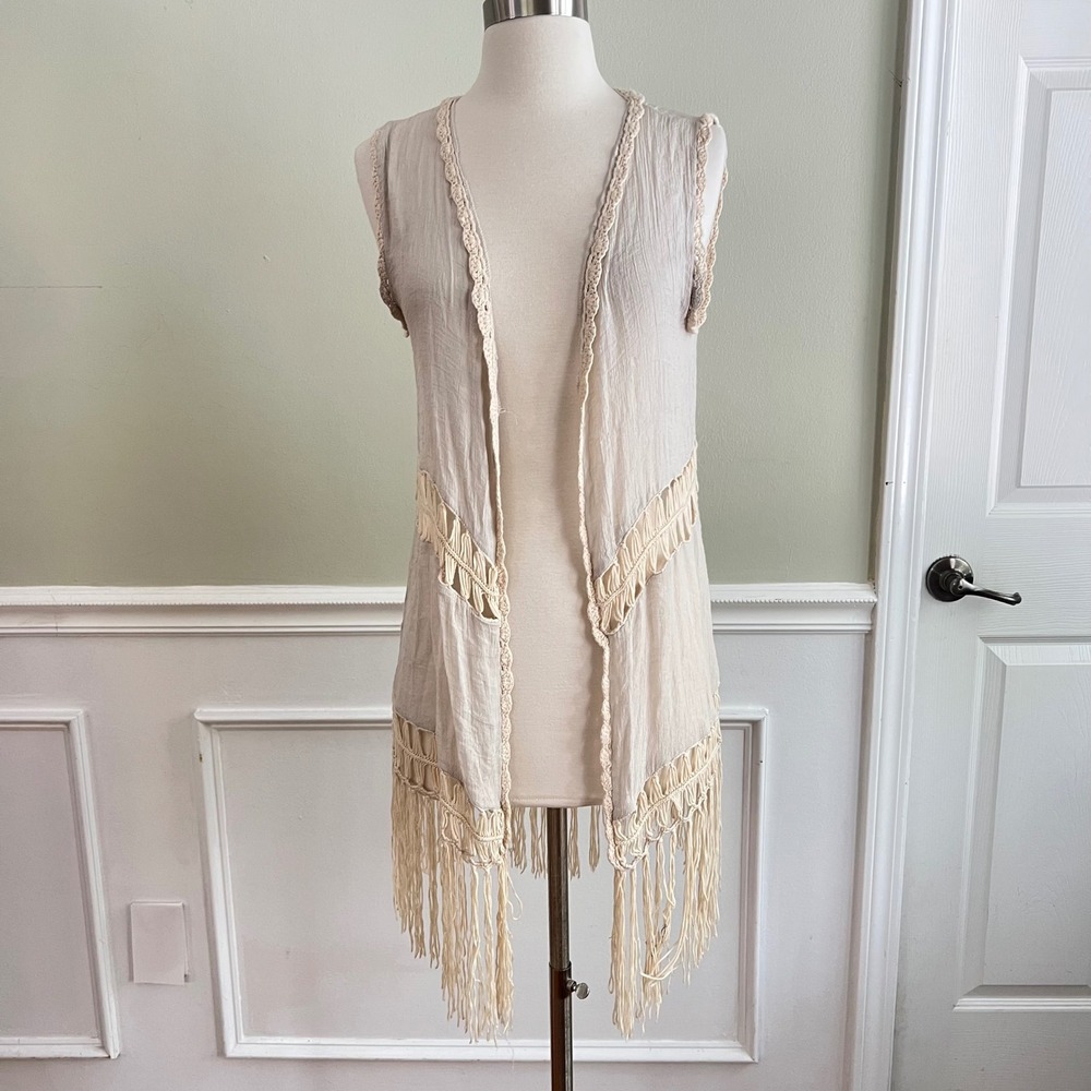 Boho Fringe Vest Womens OS Macrame Crochet Gauze Beige‎ Festival Kimono